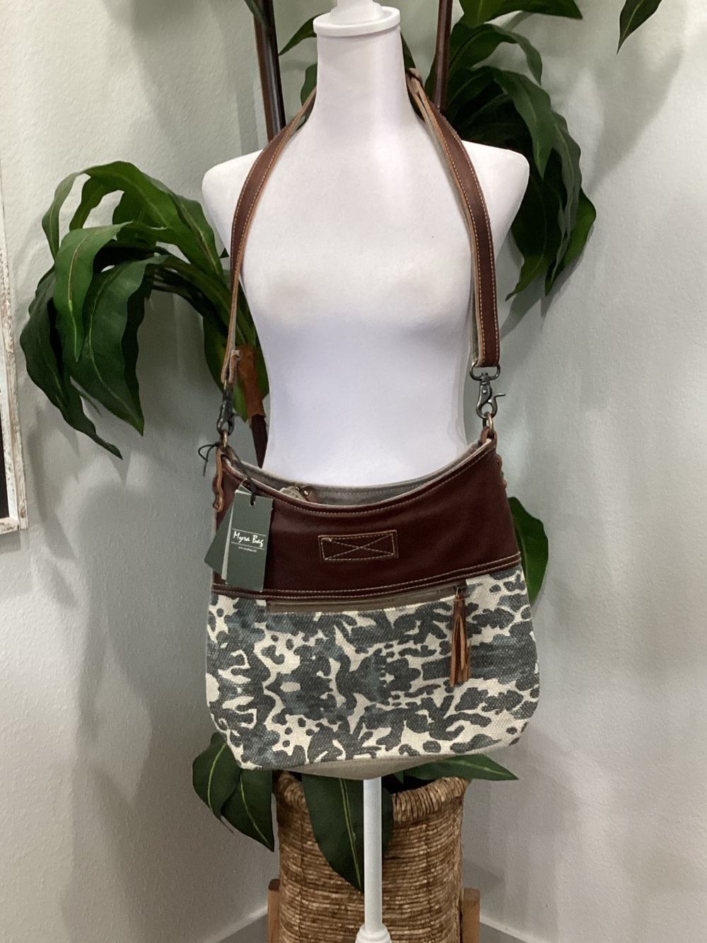 Myra Bag Brown Leather & Gray Camo Shoulder‎ Bag